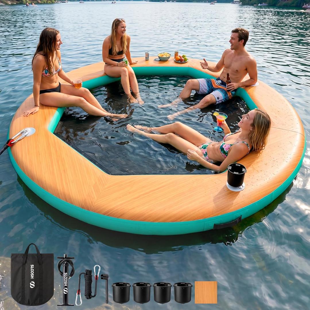 SLOOSH 8FT Inflatable Water Hammock Floating Dock, Float Ring with Wood Grain & Mesh Design, Round Floating Dock Platform with Removable Cup Holders for Lake, River, or Boat Party