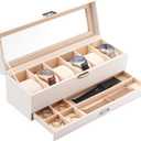 ProCase Watch Box, 6 Slot Watches Display Case with Drawer, Mens Watch Case with Glass Lid, 2-Layer Mens Jewelry Organizer Storage Holder, Birthday Valentine Gifts for Men -6 Slot, White