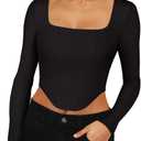 REORIA Womens Trendy Sexy Square Neck Long Sleeve Backless Y2K Going Out Boned Bustier Corset Crop Tops, Large