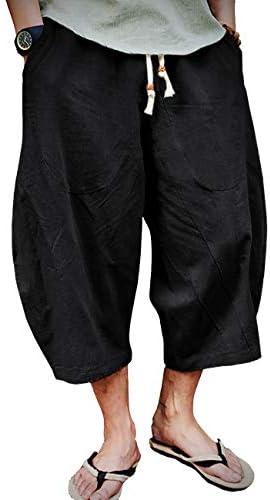 EKLENTSON Mens Cotton Linen Capri Pants Light Loose 3/4 Long Shorts Elastic Waist Drawstring Harem Casual Beach Yoga Trousers Size 38, Black