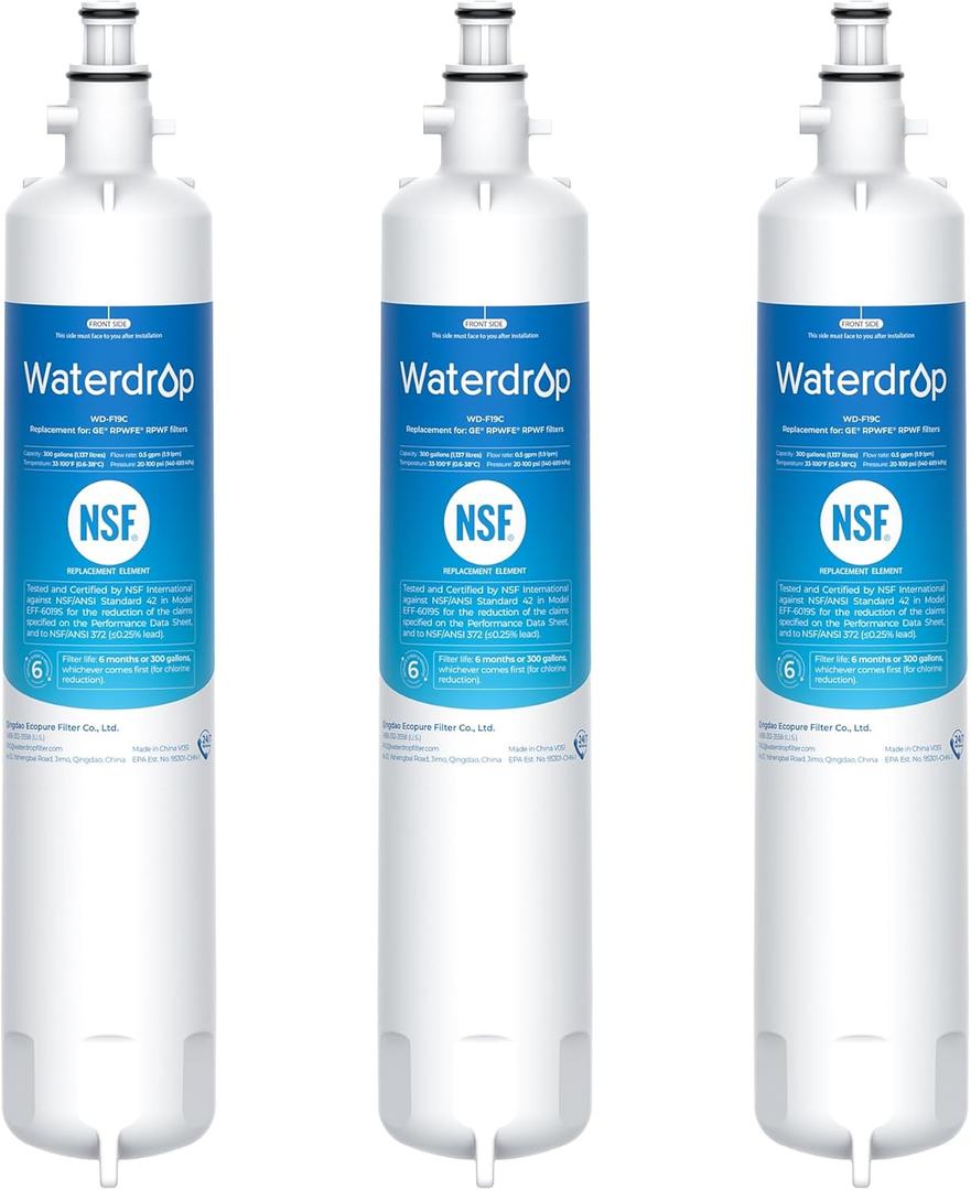 Waterdrop Replacement for GE RPWFE, RPWF (Built-in CHIP) Refrigerator Water Filter, Compatible with GFE28GYNFS, GFE28GELDS, PFE28KELDS, PFE28KYNFS, GFD28GELDS, PWE23KELDS, PWE23KMKES, 3 Filters