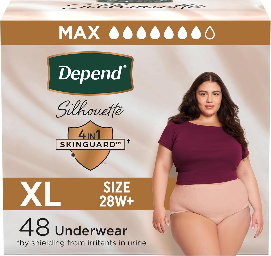 Depend Silhouette Adult Incontinence & Postpartum Bladder Leak Underwear for Women, Maximum Absorbency, Extra Large, Pink, 48 Count (2 Packs of 24), Packaging May Vary