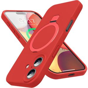 Designed for iPhone 17 Case with Magnetic Invisible Stand, [Compatible with Mag-Safe][Full Camera Protection]Liquid Silicone Shockproof Phone Case Cover with Anti-Scratch Microfiber Lining, Red
