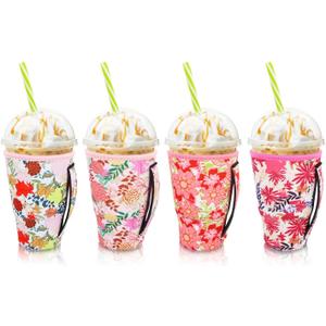 4Pack Reusable Iced Coffee Sleeve Insulator Sleeves for Cold Drinks Beverages, Neoprene Cup Holder for Most Coffee, Fits 30-32oz Large Cups (Blooming Bright)