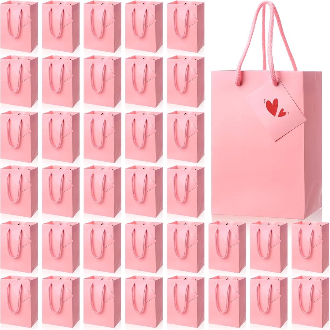 Sherr 50 Pcs Pink Gift Bags with Handles Tags 5.3 x 3.7 x 8.1 Inches Small Glossy Paper Bags Bulk Wedding Birthday Baby Shower Party Favor Gifts