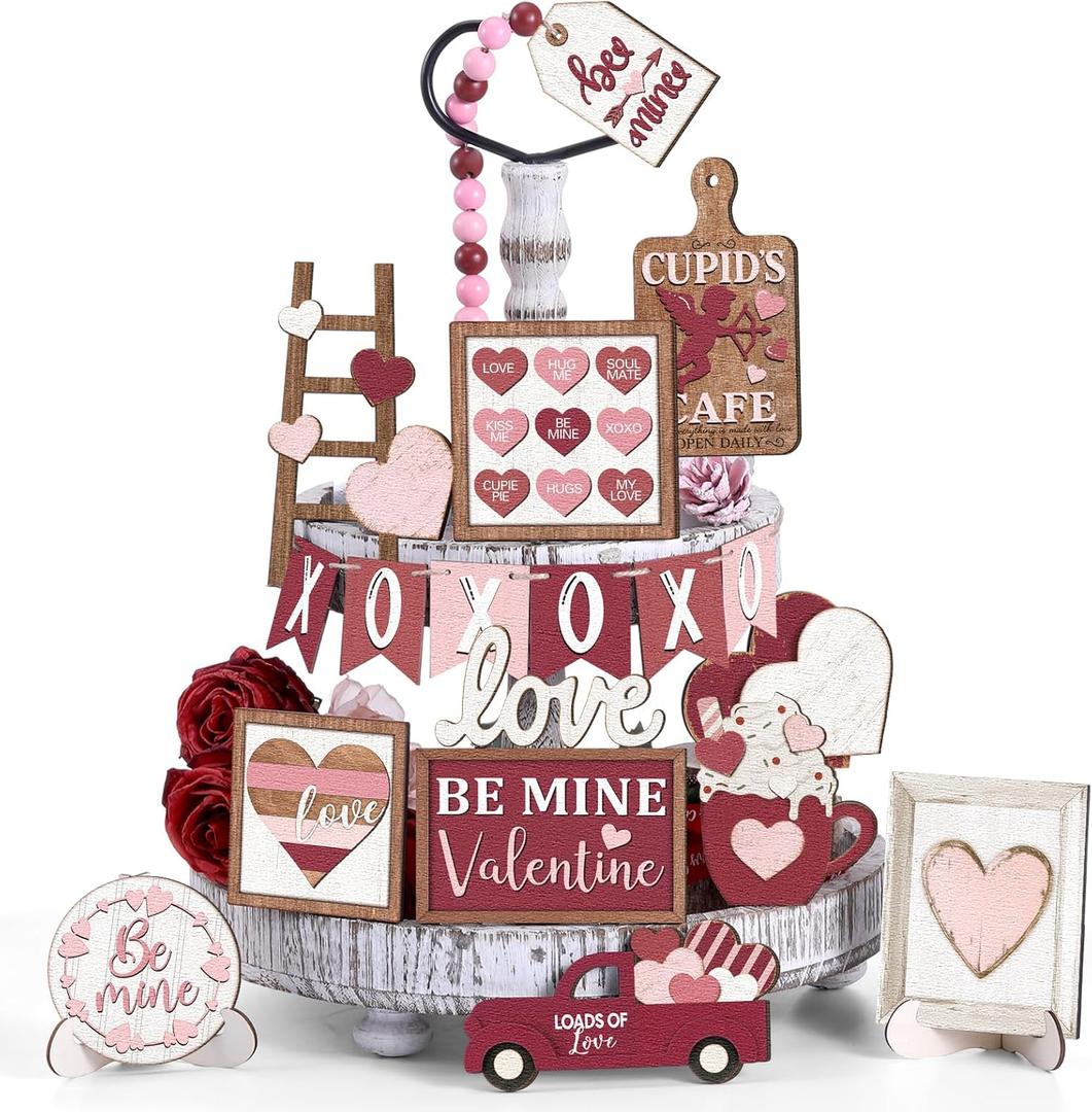 Yookeer 20 Pcs Vintage Valentines Tiered Tray Decor Set, Rustic Farmhouse Wooden Heart Cupid Signs Mini Gnome Love Block Tag Tabletop Decoration for Home Kitchen Office Bar