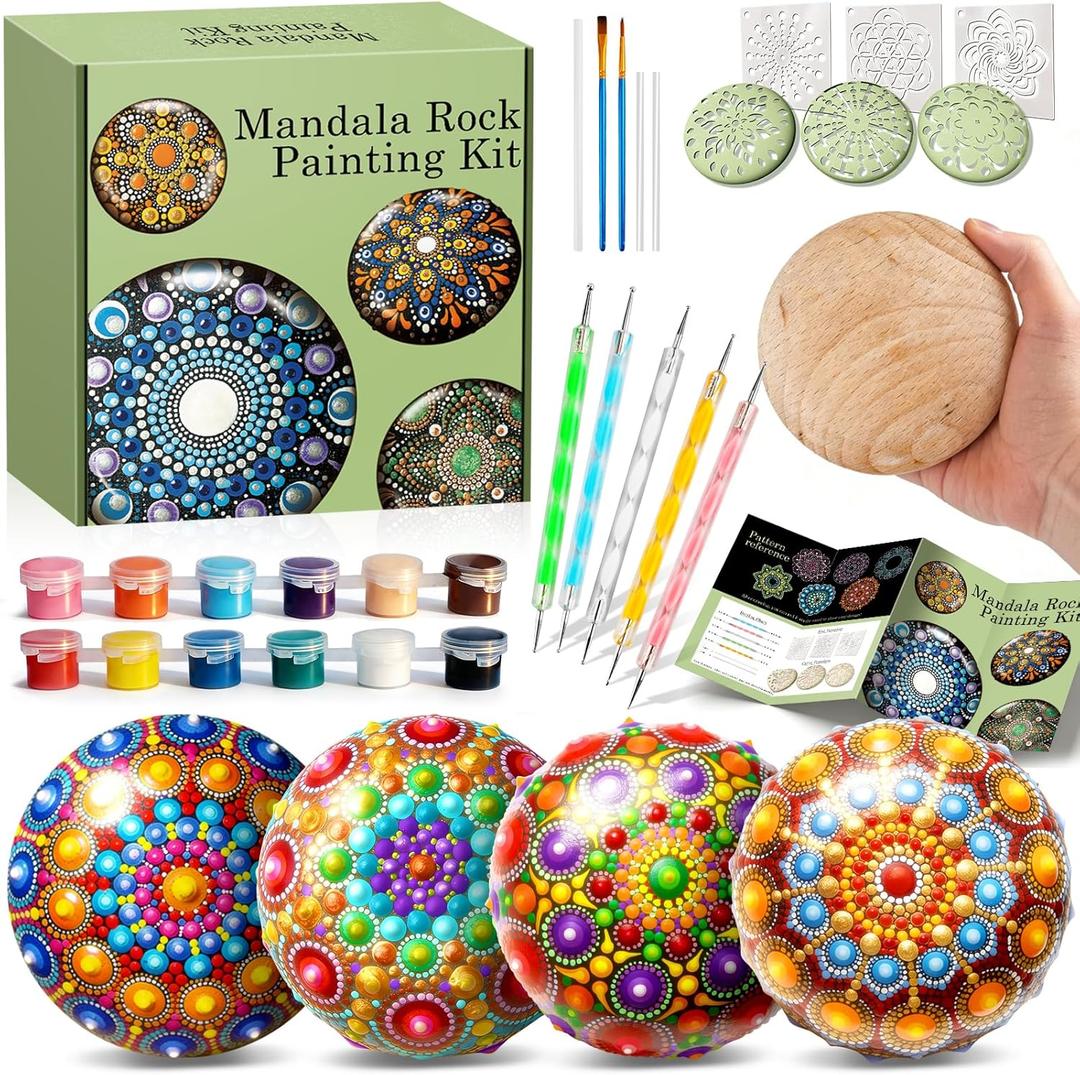 Catcrafter Mandala Rock Painting Kit - 5 Large Wooden Rocks for Painting with 6 Stencil Supplies - Mandala Dotting Tools Kit - Dotting Tools for Paint Rocks - Dot Art and Crafts for Adults Woman