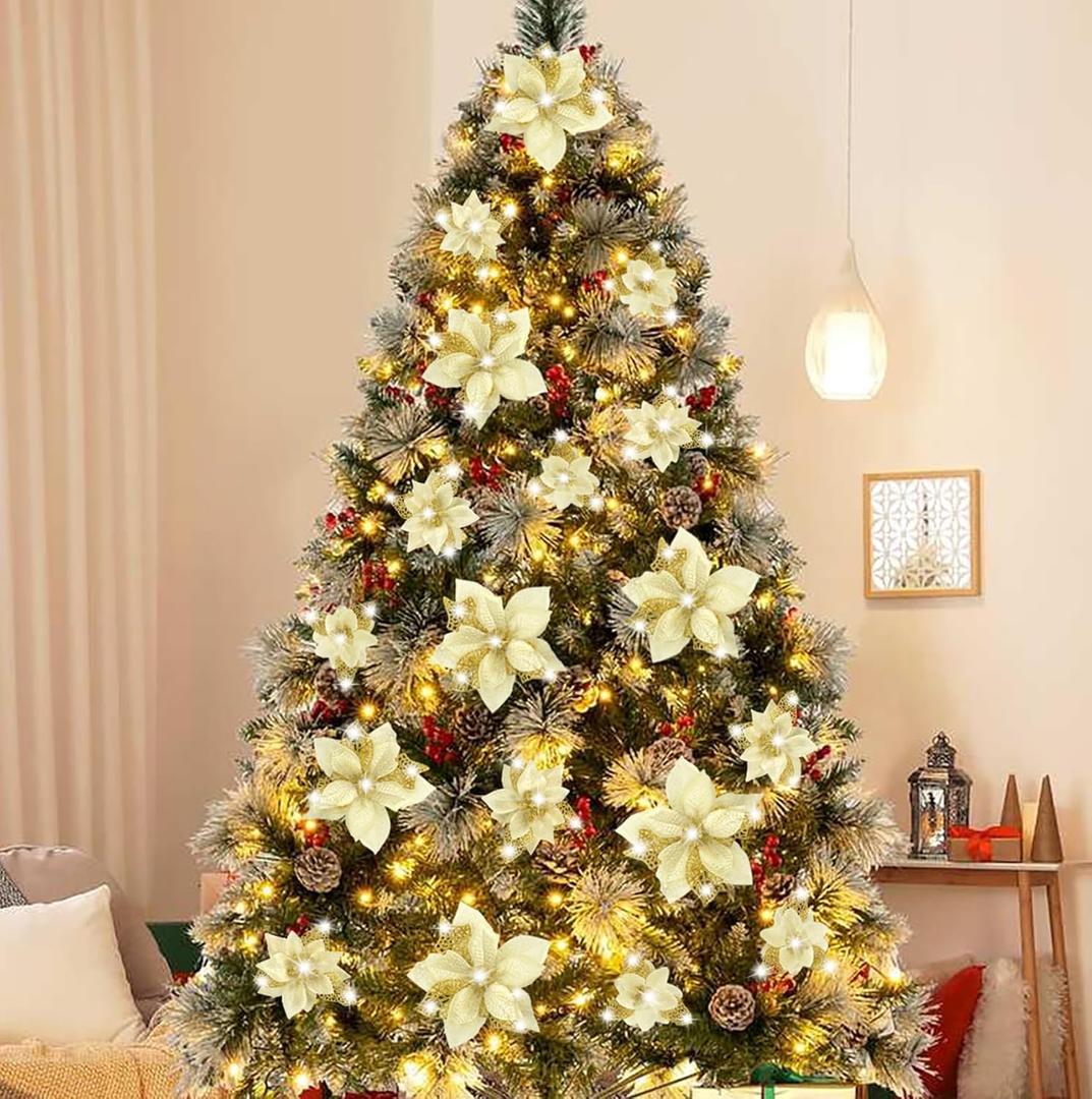 Geefuun 28PCS Christmas Tree Decorations: Poinsettias Artificial Flowers Ornaments Xmas Gold Glitter Flower with Clips