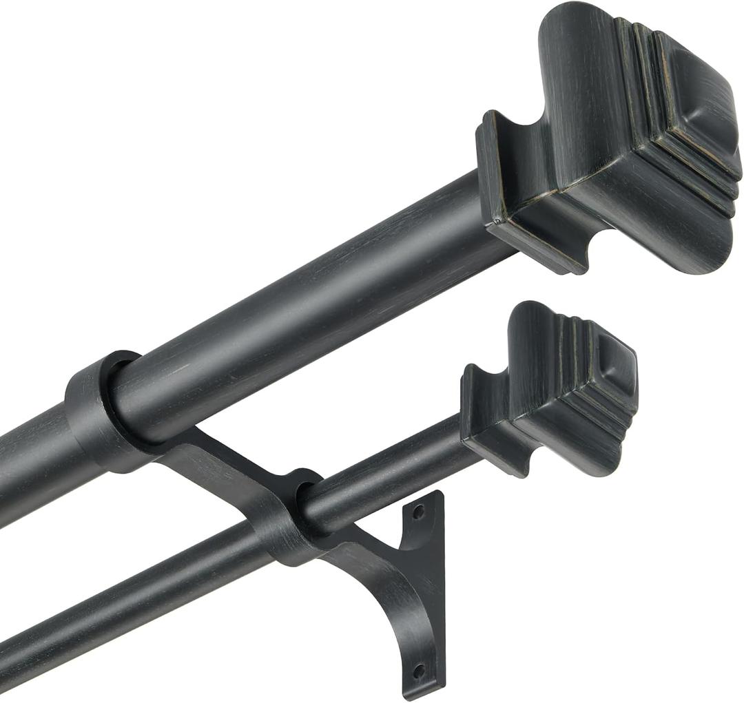 Double Curtain Rods for Windows 36 to 72 Inches, Heavy Duty Double Curtain Rod with Square Retro Finials and Double Aluminum Bracket, Adjustable Double Rod for Curtains, Antique Black