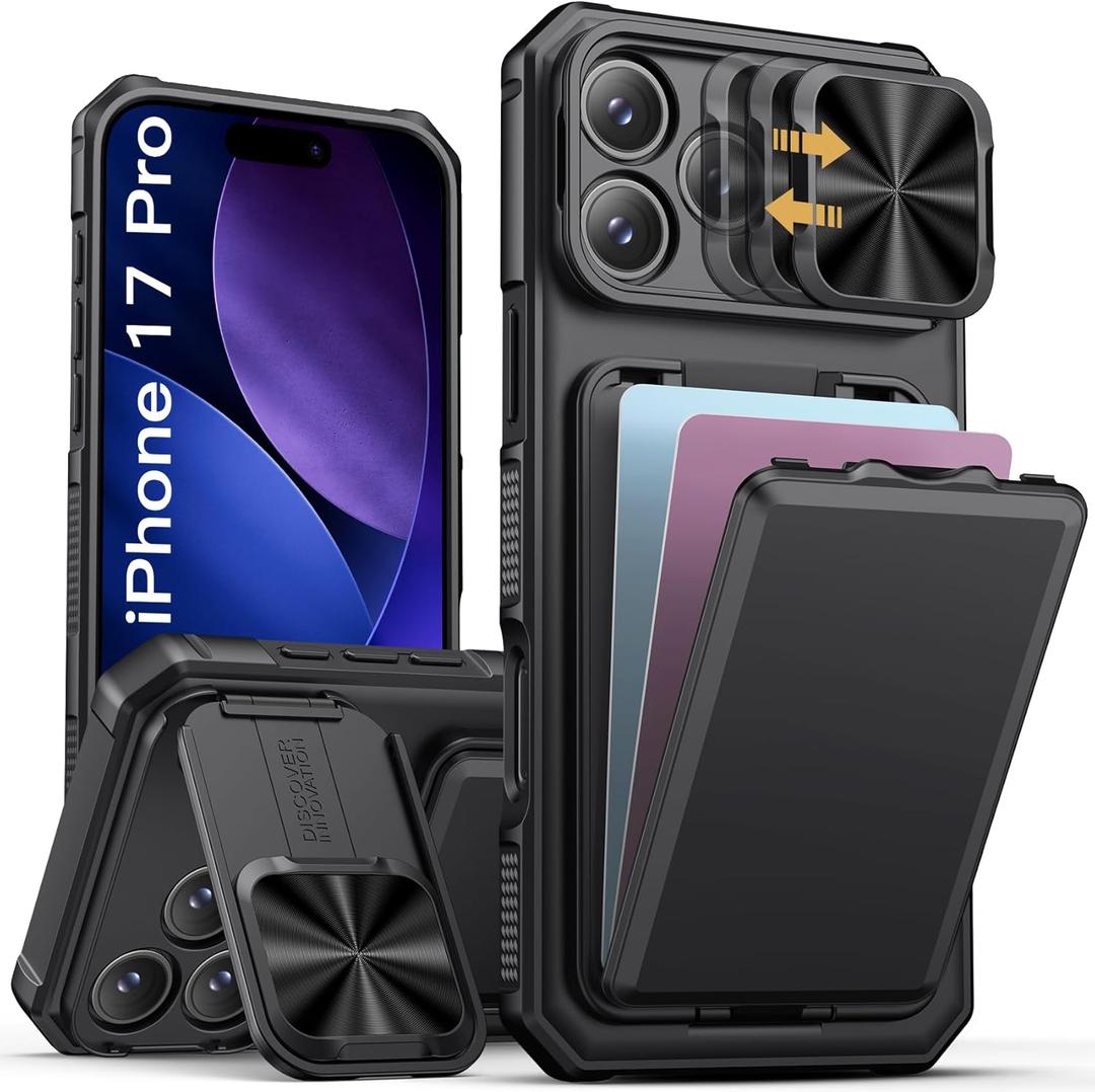 SSLOTSCASE for iPhone 17 Pro Case with Card Holder & Kickstand & Slide Camera Lens Cover & Camera Stand & Wallet, Military-Grade Heavy Duty Rugged Phone Case Cover for iPhone 17 Pro 6.3'' 2025, Black