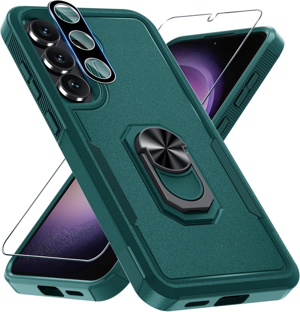 Janmitta for Samsung Galaxy S25 FE Case with Screen Protector+Camera Lens Protector,Heavy Duty Shockproof Full Body Protective Cover Built in Rotatable Metal Ring Holder Kickstand,2025 Dark Green