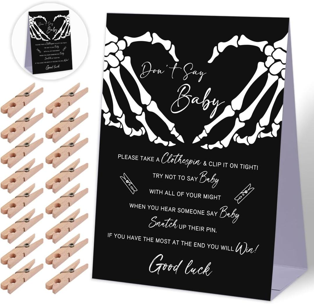 Don't Say Baby Baby Shower Game,Halloween Gothic Baby Shower Decorations,Mini Clothespins for Baby Shower,Neutral Baby Shower Decorations,Little Cutie Baby Shower,1 Sign & 50 Mini Clothespins Set-B4