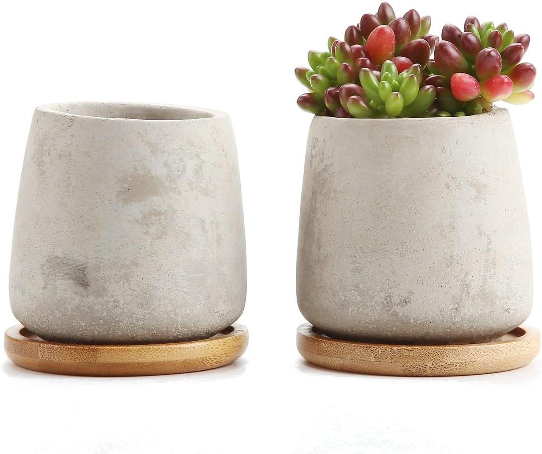 T4U 2.5 Inch Cement Serial Raised Sucuulent Cactus Plant Pots Flower Pots Planters Containers Window Boxes with Bamboo Tray Grey - Pack of 2 (Gray)