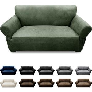 Loveseat Sofa Slipcover Leather Look Couch Covers for 2 Seater Couch Sofa 1-Piece Sofa Cover Stretch Furniture Protector with Elastic Bottom & Pockets(Loveseat, Army Green)