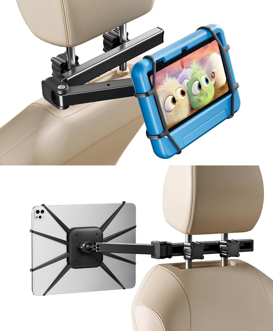 FANGOR Tablet Holder for Car - [3 in 1 Adjustable Extension Arm] Upgraded iPad Holder for car Backseat with Holding Net, Road Trip Essentials for Kids, for 7-13" iPad Pro, Air, Mini, Galaxy, Fire HD