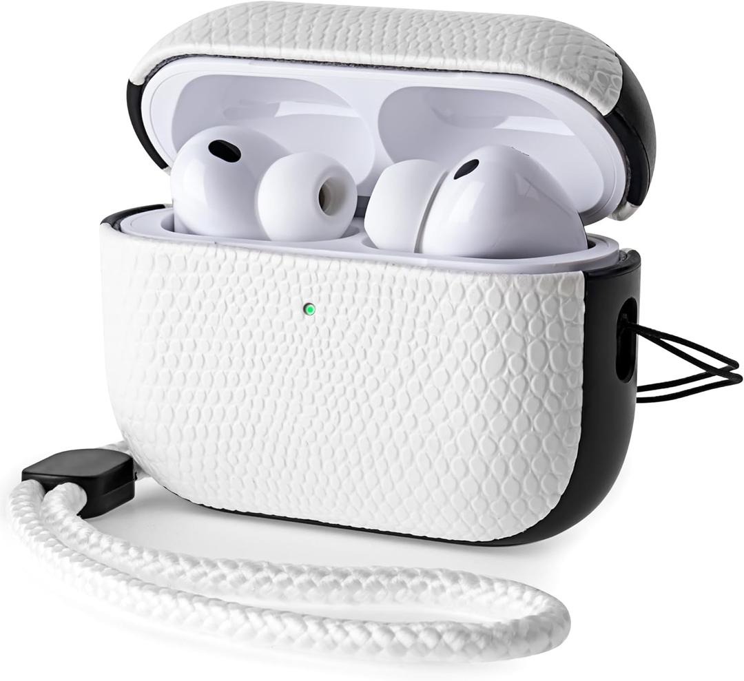 Leather Case for AirPods Pro 3 (3rd Gen 2025) with Adjustable Braided Lanyard, Luxurious Style Vegan Leather Protective Cover Case for AirPods Pro 3rd Generation, Rugged Hard Shell, White
