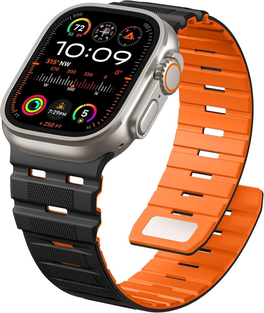 Odbeai Magnetic Band Compatible with Apple Watch Ultra Band for Men 49mm 45mm 46mm 44mm 42mm, Soft Silicone Strong Magnet Sport Outdoors Strap for iWatch Series 11 10 9-1 Ultra SE 3 2 1, Black/Orange