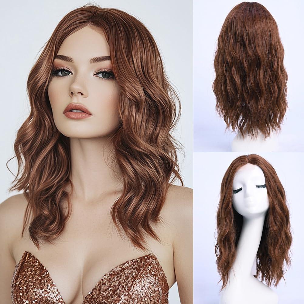 Medium Length Wavy Wigs for Women 18 Inch Middle Part Wavy Wig Natural Looking Synthetic Heat Resistant Fiber Wig for Daily Party Use (18 inch) (Dark Auburn)