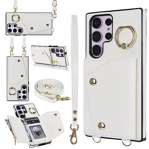 UEEBAI Crossbody Wallet Case for Samsung Galaxy S24 Ultra 5G, Card Slot Phone Case with Zipper Pocket Kickstand Purse Hand Strap Cover with Removable Crossbody Wrist Strap Flip Case - White