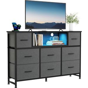 DUMOS TV Stand Dresser with 8 Fabric Drawers and Open Shelves, LED Entertainment Center with Charging Station, Wood Top Media Console for 45-55 inch, Bedroom, Grey