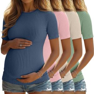 Sweetyweee 4 Pack Women's Maternity Shirts Ribbed Knit Short Sleeve Pregnancy Tops Crew Neck Work Tees Casual Summer Clothes(Haze Blue, Light Pink, Apricot, Light Green) Large
