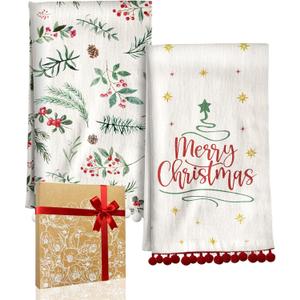 Christmas Kitchen Towels with Tassels - Cotton Christmas Kitchen Towels 16x26 Inch Terry Cloth Decorative Xmas Theme Dish Towel for Holiday Cute Designs with Mistletoe for Gifting
