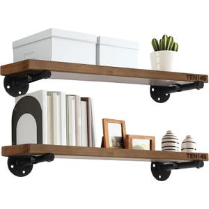 TEN49 Real Wood Rustic Floating Shelves Wall - 24 Wide Small Wooden Industrial Pipe Shelving - Farmhouse Pipe Wall Shelves Furniture Bathroom Decor Art Shelf Kitchen - Dark Espresso Color - Set of 2