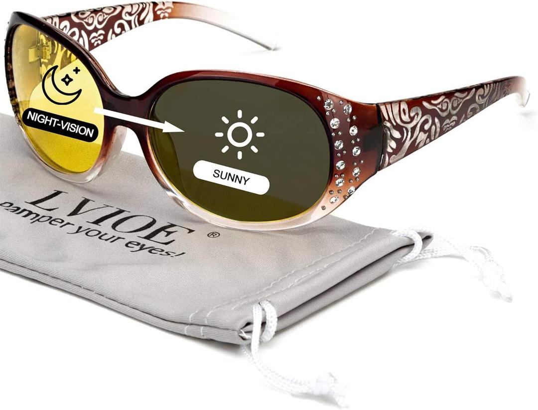 LVIOE Night-Vision Driving Glasses Wrap Around Anti Glare with Polarized Yellow Lens for Women (C2 Brown Gradient Wrap Around Frame/ Photochromic Polarized Lens)