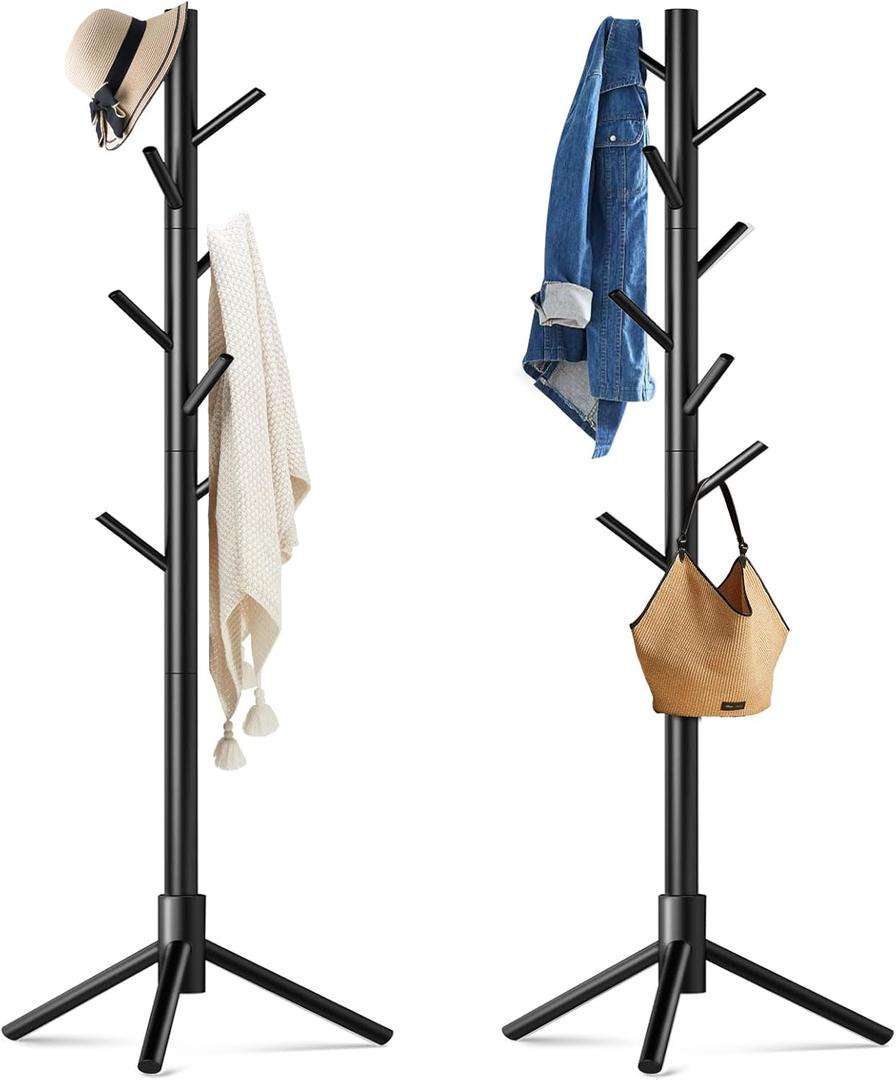 Wooden Coat Rack Freestanding with 8 Hooks,Easy Assembly New Zealand Pine Tree Coat Racks, 3 Adjustable Sizes for Clothes, Hats, Bags, for Entryway, Hallway, Bedroom, Office (Black, 2 PCS)
