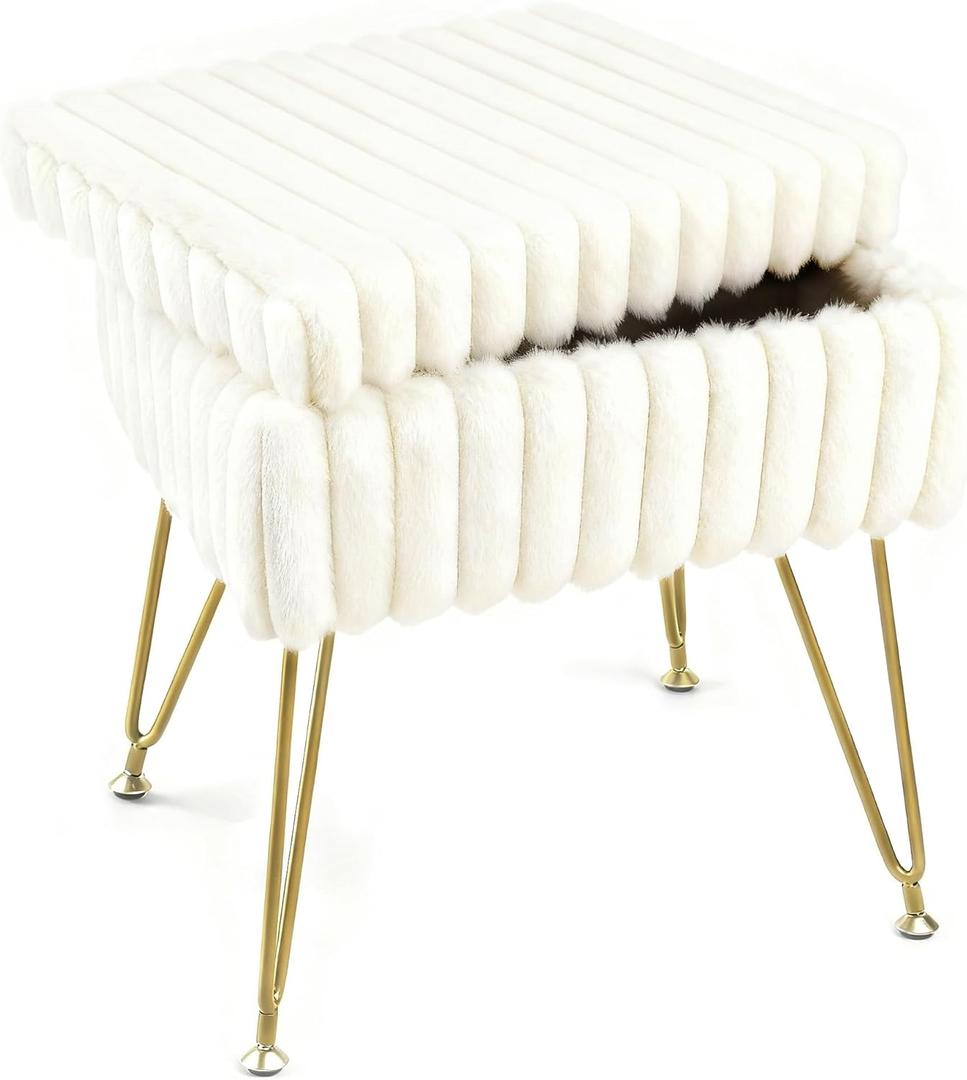 Vanity Stool Chair with Storage, Faux Fur Soft Padded Ottoman with Coffee Table, Modern Vanity Chair Fluffy Footstool with Metal Legs for Makeup, Living Room,Bedroom White