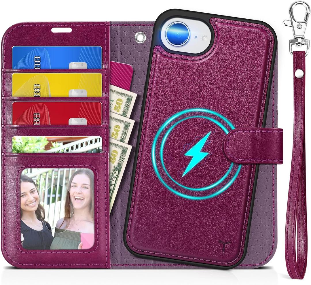 TUCCH Detachable Case for iPhone 17e & 16e Wallet 6.1", [Wrist Strap] Magnetic PU Leather Wallet Case RFID Blocking [Wireless Charging] 4 Card Holders Stand Folio Cover for iPhone 17e/16e, Plum Purple