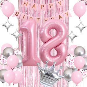 Sweet 18th Birthday Decorations Pink, Happy Birthday Decorations for Girls Pink Silver Balloons Number 18 Balloons,Fringe Curtain, Crown Balloon, Star Balloon for Her Girl 18th Birthday Princess Party
