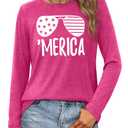 American Flag Shirts for Women 4th of July T Shirt USA Stars Stripes Patriotic Tops Casual Long Sleeve Tees(Pink,2X-Large) (Pink, XXL)