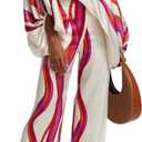 REASERAL Womens Fall Loose 2 Piece Outfits Off Shoulder Printed Long Sleeve Casual Going Out Wide Leg Pants Set (Large, Rose)