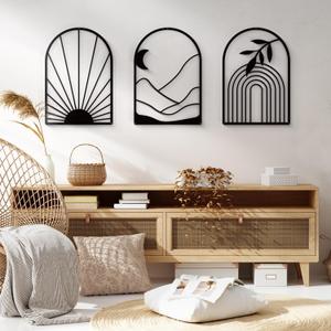 Sokurdeg Boho Metal Wall Decor Black Minimalist Line Wall Art Bohemian Wall Hanging for Bedroom Bathroom Living Room (3 Pack, 12 x 17 in)