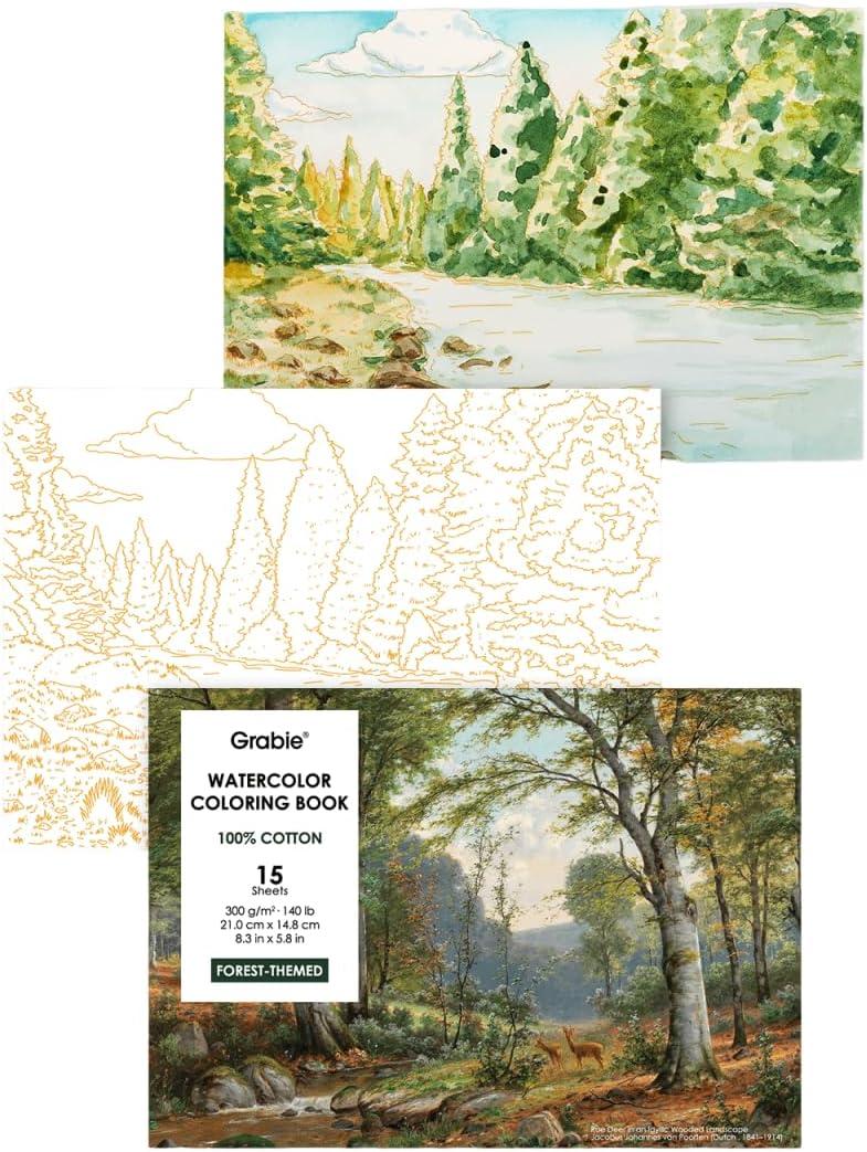 Grabie Watercolor Coloring Book, 15 Sheets A5 (8.3 x 5.8),Watercolor Book for Adults: Ignite Your Artistic Expression on 100% Cotton Paper (Forest)