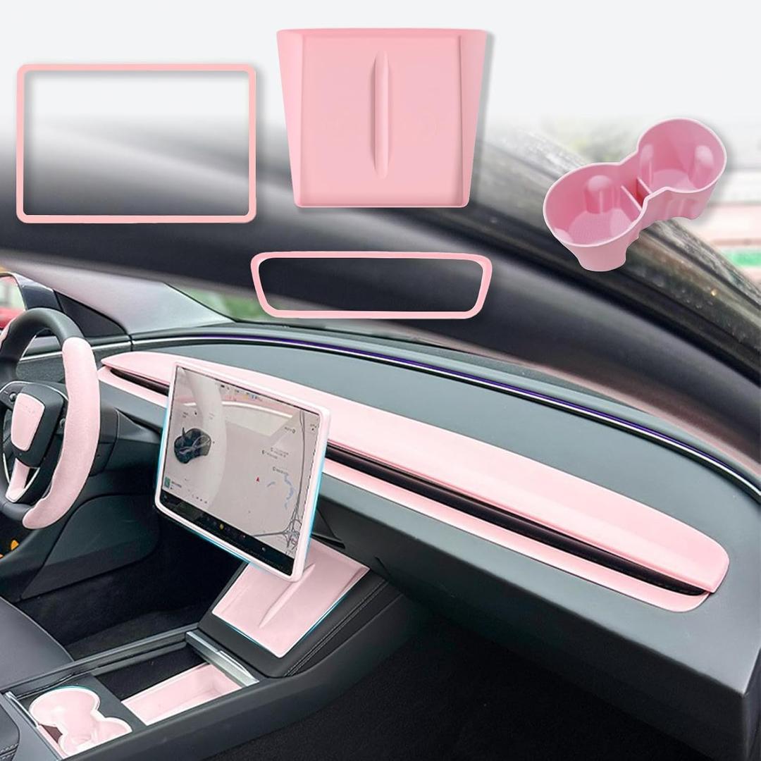 4PCS Silicone Center Console Accessories Kit for Tesla Center Console Mat Cup Holder Insert Screen Edge Protector Frame Mirror Frame Protectors (Pink Model Y Juniper)