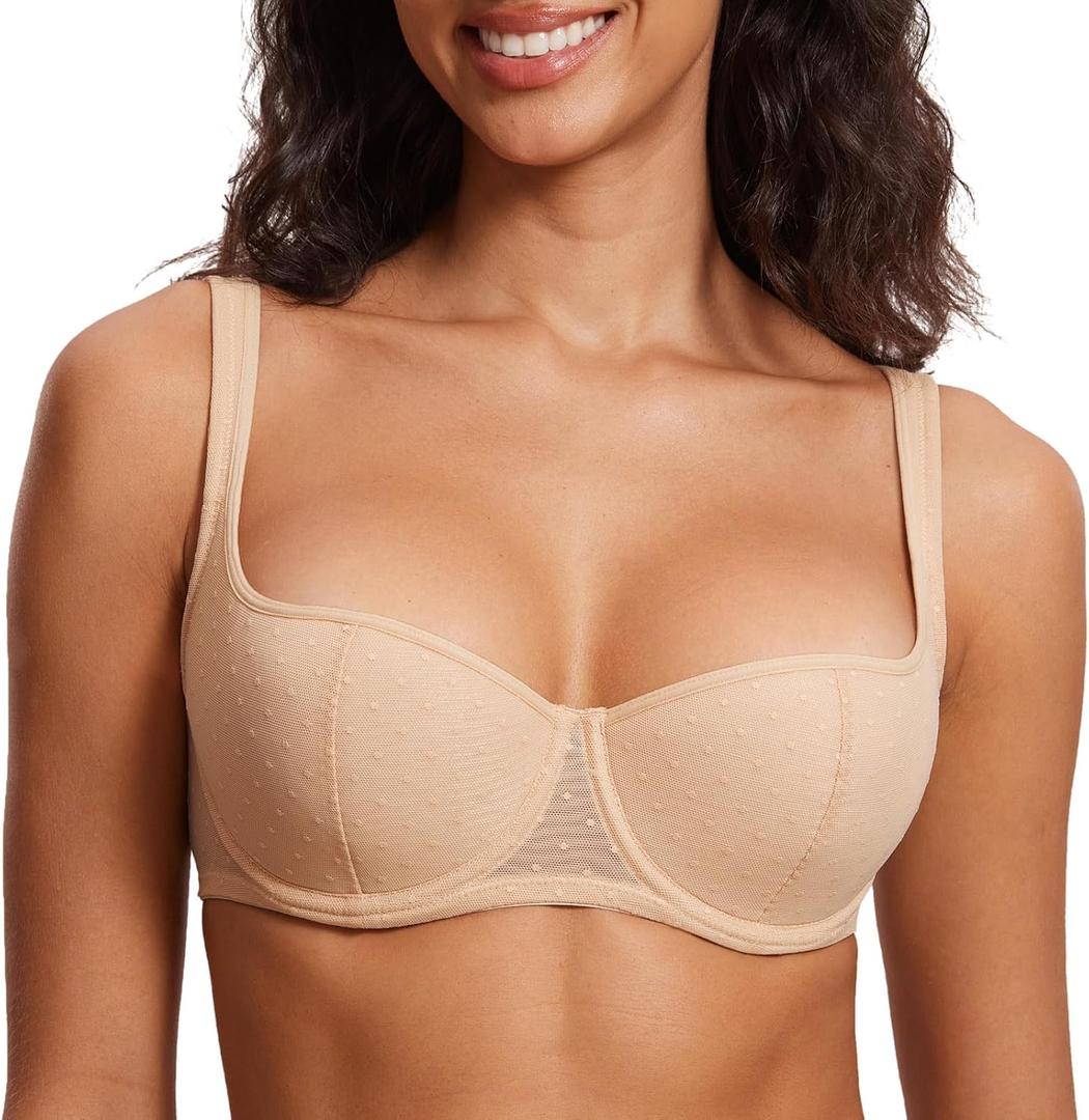 DOBREVA Women's Balconette Bra Lightly Padded Plus Size Sexy Mesh Demi Underwire Bras Wide Cushioned Straps (34DD, Beige)