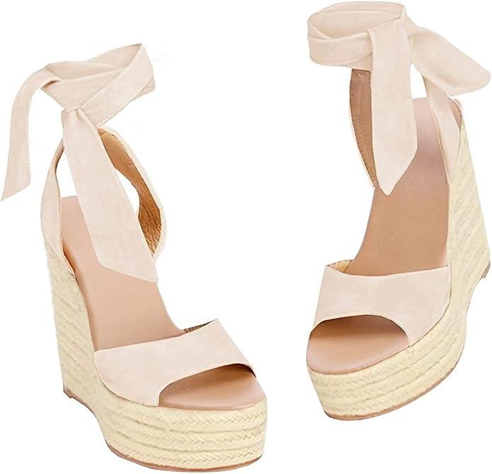 Women's Espadrilles Wedges Sandals Heels Open Toe Tie Lace Up Platform Ankle Strap Summer Dress Shoes, 7.5