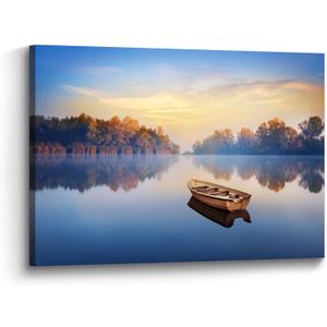 the stream design Lake Canvas Wall Art Decor: Nature Landscape Picture Boat Scenery Painting Print Relaxing Forest Water Artwork for Bedroom Living Room Home Office Decoration