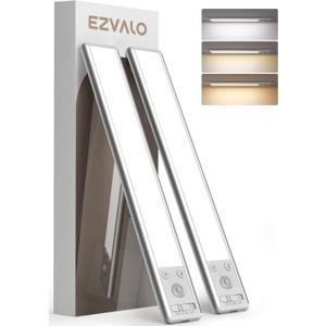EZVALO Under Cabinet Lighting, 2400mAh Rechargeable Motion Sensor Light Indoor, 3 Color Temps, 5-Level Dimmable Magnetic Wireless Closet Lights for Kitchen, Pantry, Stairs (2 Pack) (8 inch, Silver)