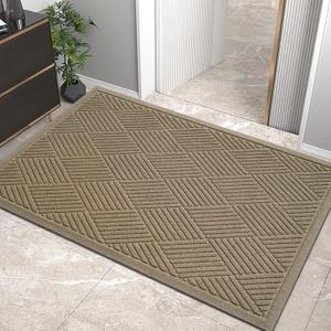 Sturdy Front Door Mat, Absorbent Muddy Dirt Resist Welcome Door Mats Outdoor Indoor, Stain and Fade Resistant, Non-Slip Rubber Backing Low Profile Doormat for Entryway, 3624, Beige (2' x 3' (Rectangular))