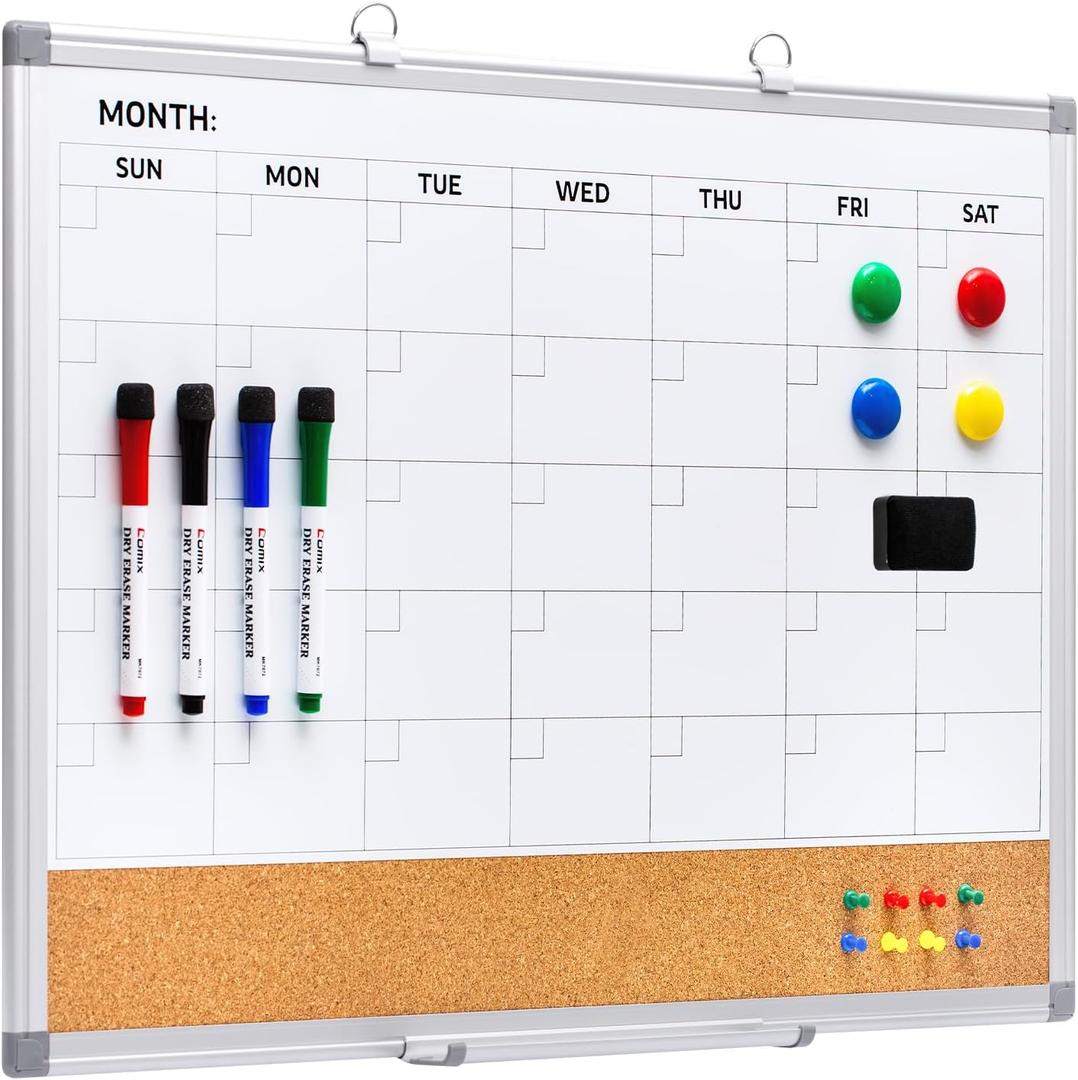Comix Dry Erase Calendar Whiteboard Corkboard Combo, 24 * 18 inch Monthly Calendar and Bulletin Board Combination for wall, Aluminum Frame Planner with Dry Erase Markers, Magnets, Push Pins