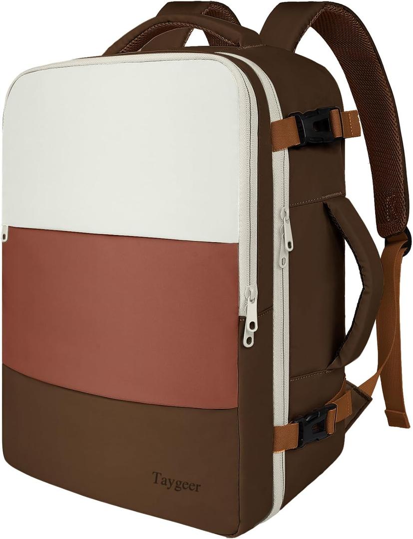 Taygeer Travel Backpack for Women Men, Airline Approved Carry on Backpack with Water Bottle Pocket & Laptop Compartment, Weekender Bag for Weekender Gym, Work, Hiking Essentials, Khaki Beige (Large, Pressedbrwon Redbrown Cream)