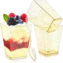 Qeirudu 5 oz Gold Glitter Mini Dessert Cups with Spoons - 50 Pack Plastic Parfait Cups Square Dessert Shooter Cups for Party Serving Pudding Cheesecake Mousse Jello