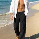 ZARLAN Breathable Men's Cotton Linen Pants Casual Lightweight Summer Beach Elastic Drawstring Waist Trousers (Black, L)