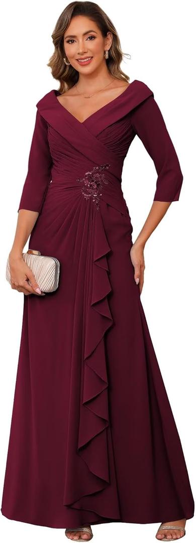 Raseal Women's Ruffles Formal Dresses for Mother with 3/4 Sleeves Applique Long Chiffon A Line Burgundy Dress for Evening Gown 14