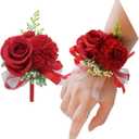 2 Pack Flower Wrist Corsage Boutonniere Set,3" Artificial Rose and Carnation Handmade Silk Flower for Wedding Flowers Accessories Prom Suit Decor (Red)
