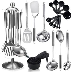 17Pcs Stainless Steel Kitchen Utensils Set - Metal Cooking Utensils Set with Rotatable Holder, Heat Resistant Stainless Steel Utensil Set with Spatula Set, Ladle, Skimmer, Spoons, Pasta Server