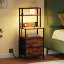 Furnulem Night Stand, Tall Nightstand with 4-Tier Shelves, 2 Fabric Drawers and LED Lights, Bed Side Tables with Charging Station, Bedside Table for Bedroom, Office, Rustic Brown